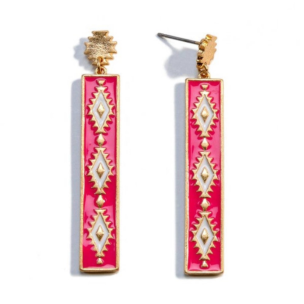 Aztec Enameled Rectangle Drop Dangle Earrings Fuchsia Pink - Picture 1 of 2